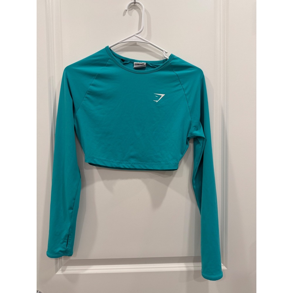 Gymshark Womens Teal Long Sleeve Crop Top Activewear Shirt XS Thumbholes